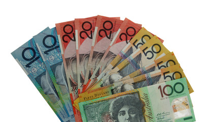 Various Australian notes isolated on white.