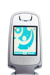 Screen of silver mobile telephone on a white background