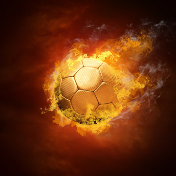 Hot soccer ball on the speed in fires flame