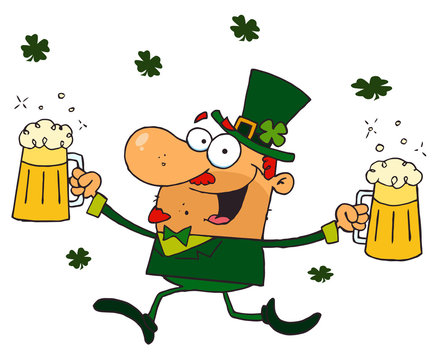 Happy Leprechaun With Two Pints of Beer