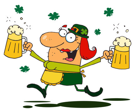 Lucky Female Leprechaun Running Through Clovers With Beers