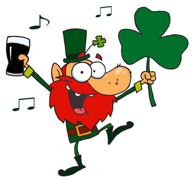 Lucky Leprechaun Dancing with a Glass of Beer and Shamrock