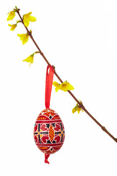 Osterei h&auml;ngt auf einem Osterstrauch