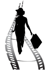 girl walks by film tape vector illustration