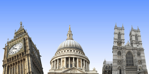 London landmarks isolated: Big Ben, St Paul, Westminster