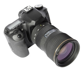 Top view of digital SLR camera isolated on white