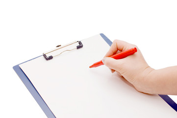 clipboard and hand on a white background