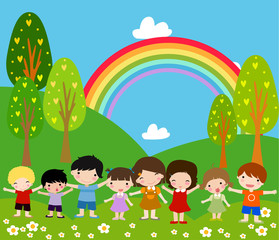 Obraz na płótnie Canvas Children and rainbow - Art Vector Illustration.