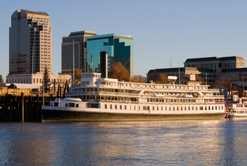 Big steam boat on the Sacramento River at sunset