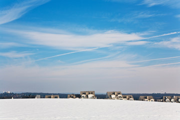 beautiful landscape with  housing area in winter and blue sky