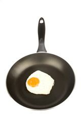 a fried egg in a pan on white