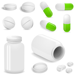 Tablets and pills vector set isolated on white.