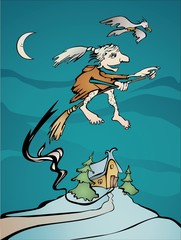 Witch flying on the broom illustration