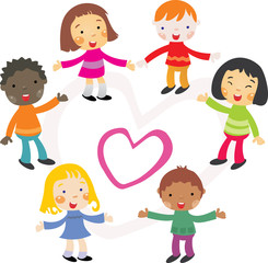 Grupo multicultural de niños alrededor de un corazón