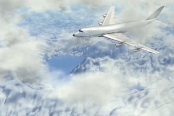 Fototapeta na wymiar Samolot leci wysoko w górach nad jeziorem przewiewny białymi chmurami