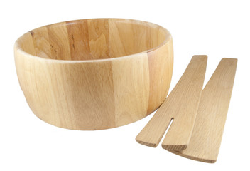 wooden salad bowl and tools isolated on white background
