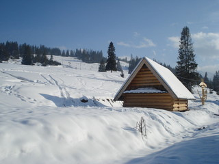 Chalet sous la neige