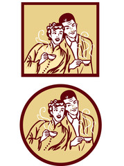 Coffee or tea retro card poster. Woman and man with hot cup