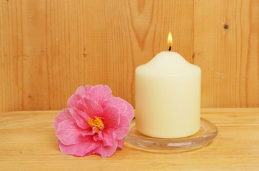 Candle and camellia flower