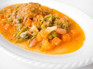 Meat roulade with vegetable soup on white dish.