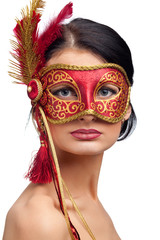 beautiful young woman wearing red carnival mask