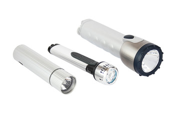 three metallic flashlights isolated with clipping path