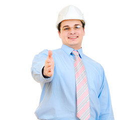 Handsome businessman saying welcome