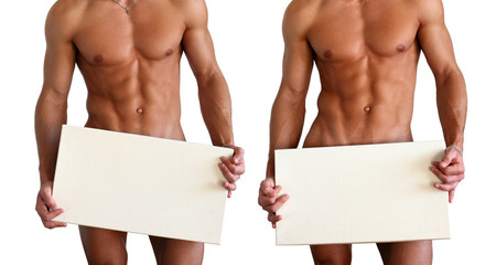 Naked Muscular Torso Covering Copy Space Box