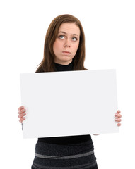 Fototapeta premium sad woman with a blank sheet of paper in her hands