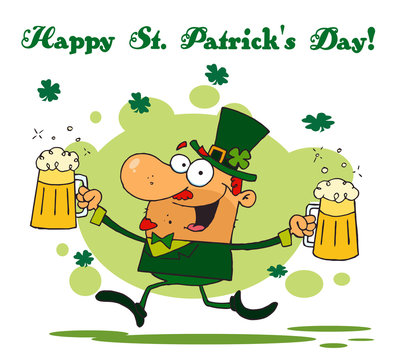 St Patrick's Day Greeting Of A Leprechaun Running With Two Beers