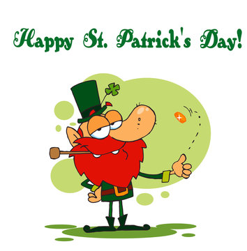 Happy St Patrick's Day Greeting Of A Leprechaun Flipping A Coin