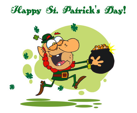 Happy St Patrick's Day Greeting Running With A Pot Of Gold