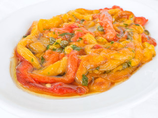 Roasted Bell Pepper Salad on white dish.
