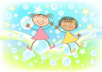 Children fly on soap bubbles.