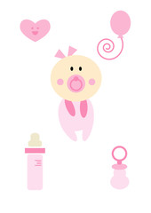 Clipart-Set: Baby (Mädchen), Spielzeug, Flasche und Schnuller
