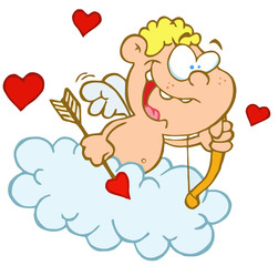Cute Cupid with Bow and Arrow Flying in Cloud