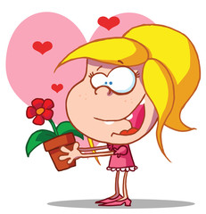 Happy Young Girl Holds Flower Pot,background