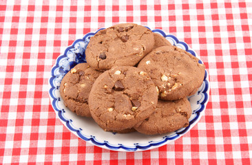 Chocolate cookies on tablecloth