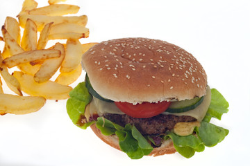 Hamburger und Pommes frites auf Weiß