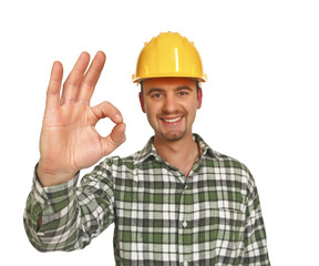 smiling handyman caucasian ok hand sign isolated white background