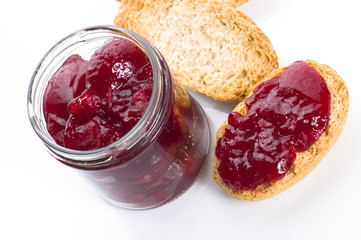 Breakfast of cherry jam on toast