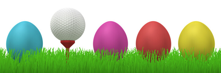 golfball between easter eggs in grass