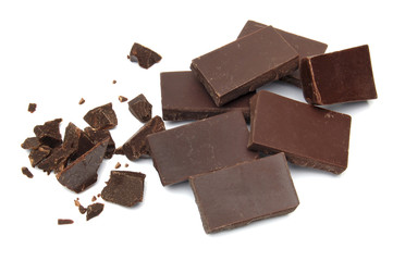 Broken chocolate tablets from top view isolated on white background including clipping path
