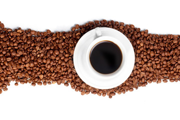 Cup with coffee, costing on coffee grain