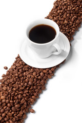 Cup with coffee, costing on coffee grain