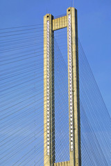 Close-up tower of South Bridge in Kyiv, Ukraine