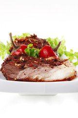 beef steak and slice on salad