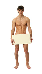 Nude Man Covering with a Copy Space Blank Banner