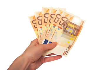 female hand holding paper euro