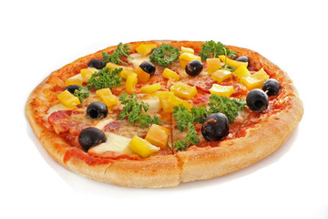 Tasty pizza with olives isolated on white